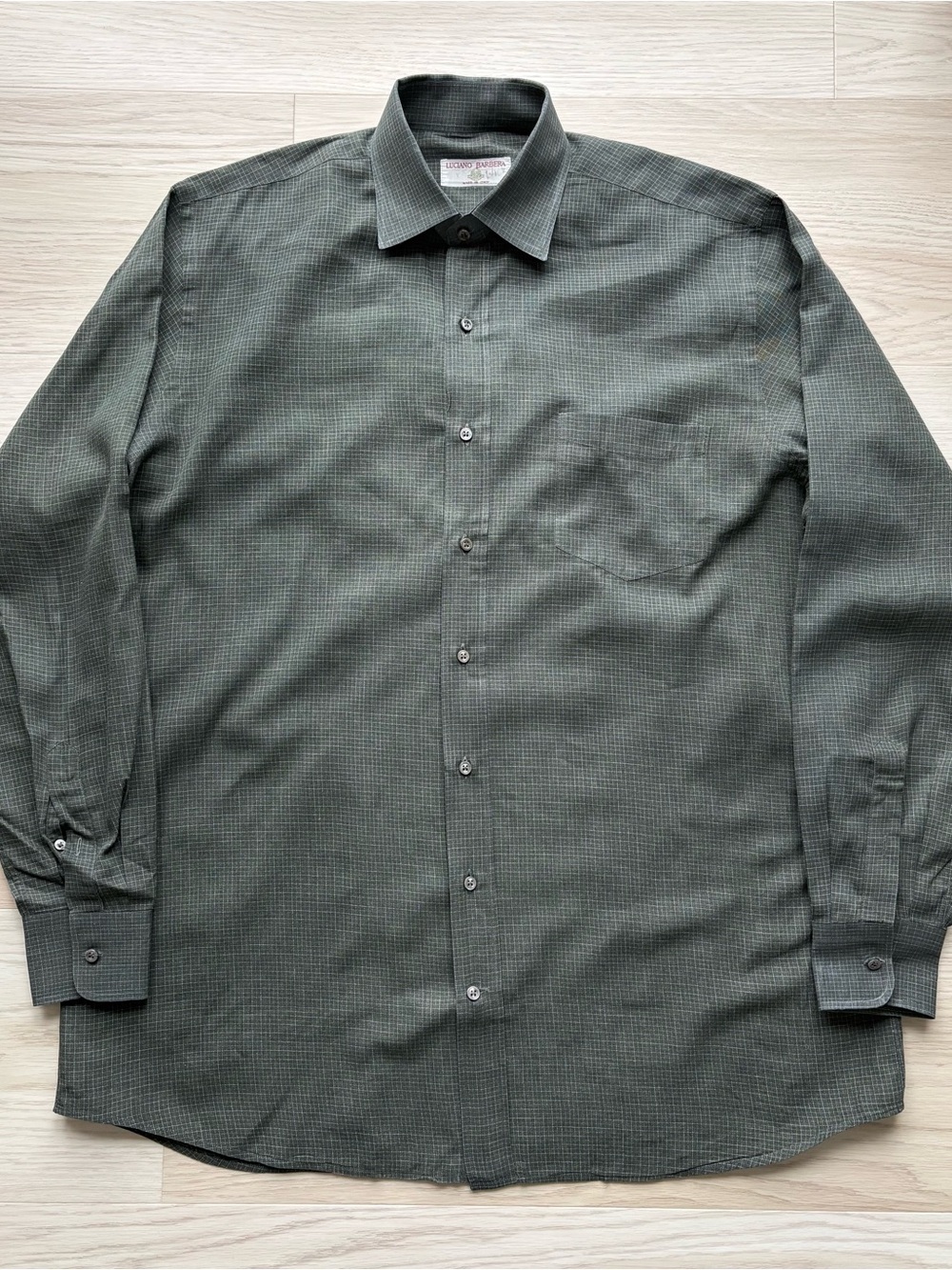 Luciano Barbera Shirt Mens L Gray Green Micro Check 100% Cotton Made in Italy